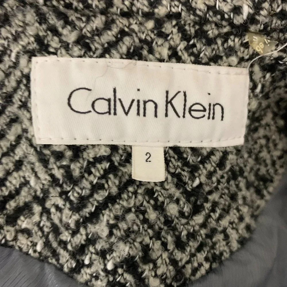 Calvin Klein Tweed Wool Blend Coat 2 Black Grey Herringbone Pockets Tie Belt - Picture 7 of 7